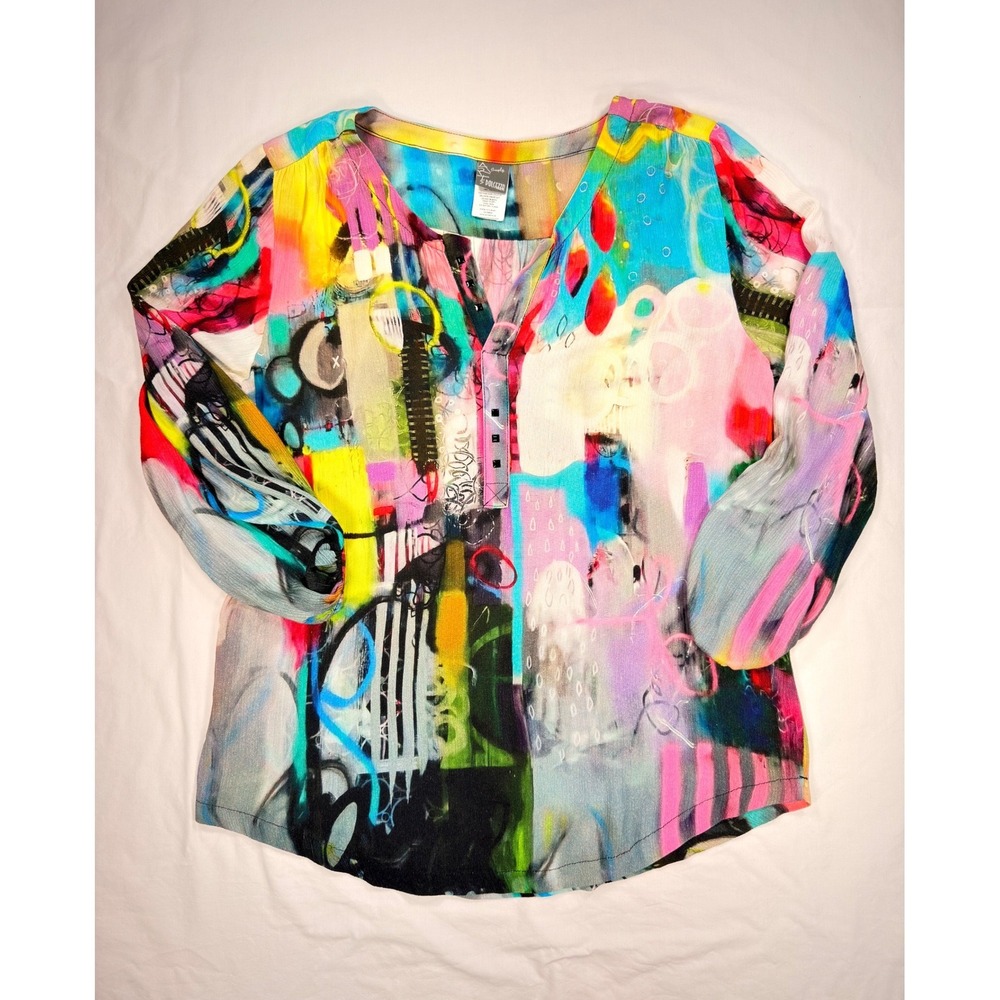 Simply Dolcezza Abstract Art Print Blouse Multi-Color Studded Split Neck
